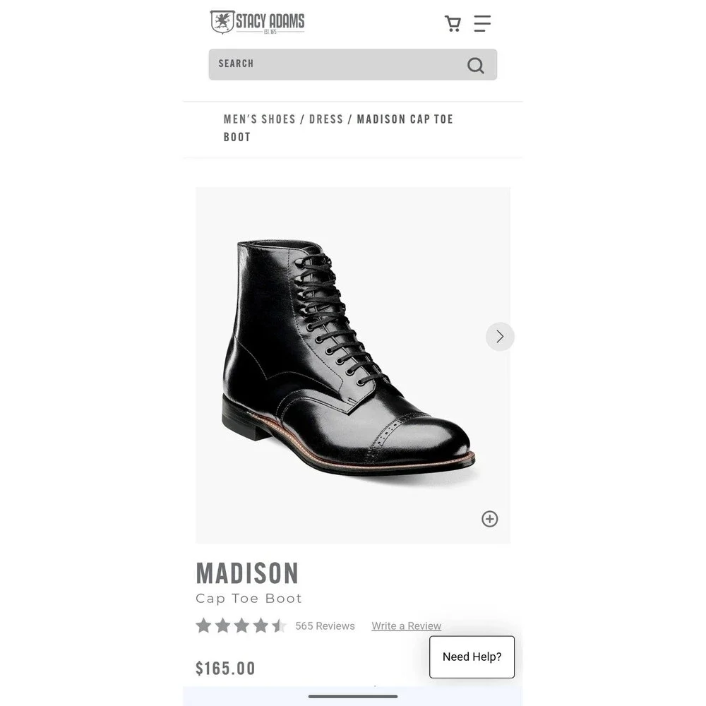 New! Stacy Adams Classic Madison Black Leather Cap Toe Dress Boot Men's Size 11D
